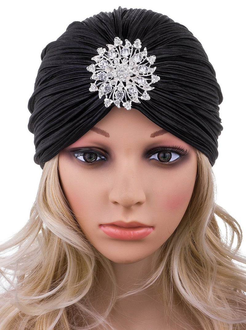 Vijiv Women's Vintage Lurex Knit Turban Beanie Hats Headwraps for 1920s Cocktail Party Black - Image 3